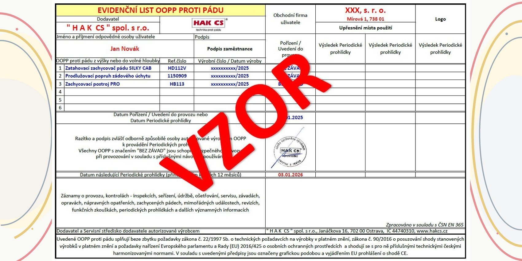 Evidenční list OOPP vzor